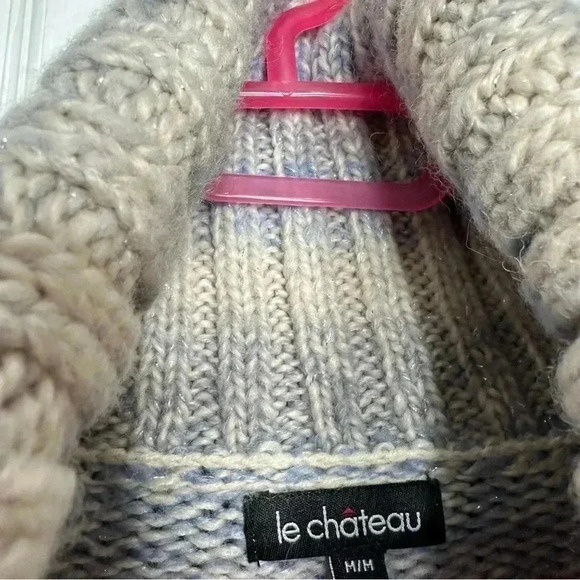 Le  Chateau Cowl Neck Cable Knit Sweater White/Blue/Grey Size Medium - Picture 4 of 16